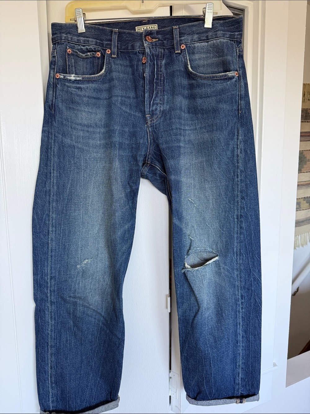 Hey Gang Boyfriend Jeans in Distressed Dark Blue Denim